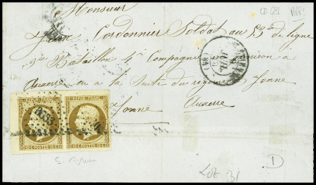 N°9 10c bistre en paire (décollée pour expertise, avec signature A.Brun) obl PC 3053 + T15 "St Etienne" (1854) sur lettre (verso partiel) pour un soldat à Auxerre