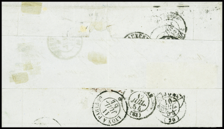 N°9 10c bistre en paire (décollée pour expertise, avec signature A.Brun) obl PC 3053 + T15 "St Etienne" (1854) sur lettre (verso partiel) pour un soldat à Auxerre
