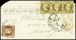 N°9 bande de 3 (pli d'archive) + n°6, 1f carmin, touché, obl étoile muette sur lettre pour New-York avec transit Boston au recto. AFF RR