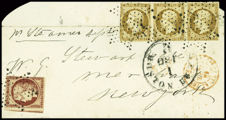 N°9 bande de 3 (pli d'archive) + n°6, 1f carmin, touché, obl étoile muette sur lettre pour New-York avec transit Boston au recto. AFF RR