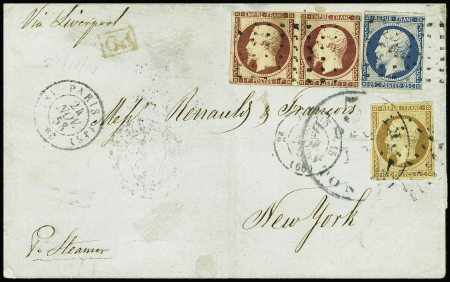 N°18 1f carmin, paire + n°9 + n°10 obl roulette de gros points + CAD "2e Paris 15 (60)" (1853) sur lettre pour New-York. Les timbres sont touchés mais AFF. RR