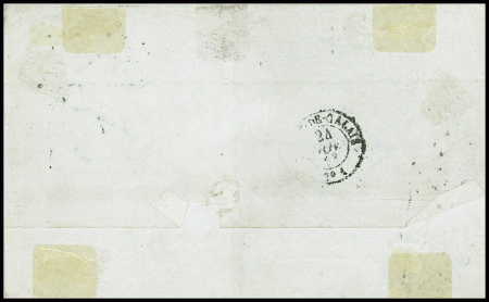 N°18 1f carmin, paire + n°9 + n°10 obl roulette de gros points + CAD "2e Paris 15 (60)" (1853) sur lettre pour New-York. Les timbres sont touchés mais AFF. RR