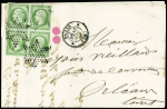 N°12 5c vert, bloc de 4 obl étoile muette + CAD "Paris (60)" (1861) sur lettre pour Orléans. TB