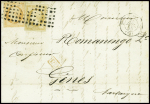 N°16 (leg touché) + n°13 obl rouleau de gros points + CAD "Paris (60)" (1858) sur lettre pour Gênes. TB