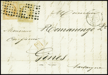 N°16 (leg touché) + n°13 obl rouleau de gros points + CAD "Paris (60)" (1858) sur lettre pour Gênes. TB