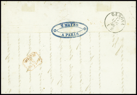 N°16 (leg touché) + n°13 obl rouleau de gros points + CAD "Paris (60)" (1858) sur lettre pour Gênes. TB