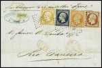 N°13A + 14A + 16 (LD) (touché en haut) obl PC 1495 + T15 rouge "Bureau maritime Havre" (1856) sur lettre pour Rio de Janeiro, bel AFF tricolore