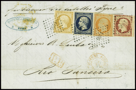 N°13A + 14A + 16 (LD) (touché en haut) obl PC 1495 + T15 rouge "Bureau maritime Havre" (1856) sur lettre pour Rio de Janeiro, bel AFF tricolore