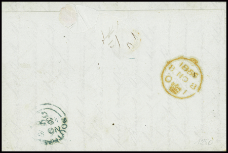 N°13A + 14A + 16 (LD) (touché en haut) obl PC 1495 + T15 rouge "Bureau maritime Havre" (1856) sur lettre pour Rio de Janeiro, bel AFF tricolore