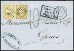 N°13 + 16 obl ancre + CAD "Euphrate" (24 juillet 55) sur lettre pour Gênes avec taxe 10 tampon façon manuscrite et griffe encadrée noire "Piroscafi postali francesi". TB