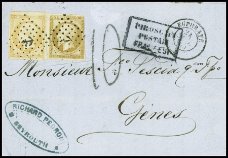 N°13 + 16 obl ancre + CAD "Euphrate" (24 juillet 55) sur lettre pour Gênes avec taxe 10 tampon façon manuscrite et griffe encadrée noire "Piroscafi postali francesi". TB
