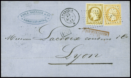 N°13 (touché) + 16 obl ancre + CAD "Amérique" (1861) sur lettre de Constantinople pour Lyon. TB
