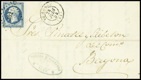 N°15 25c bleu, obl PC 342 + T15 "Béhobie (64)" (1854) sur lettre écrite d'Irun pour Bayonne, TB