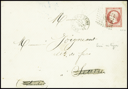 N°17B 80c rose, percé en lignes, obl PC 815 + T15 Chatillon-s-Seine (1864) sur lettre pour Seurre (Côte d'Or). TB