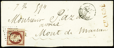 N°18 1f carmin, touché, obl PC 441 + T15 Bordeaux (1854) seul sur lettre chargé. Certificat Calves, RR