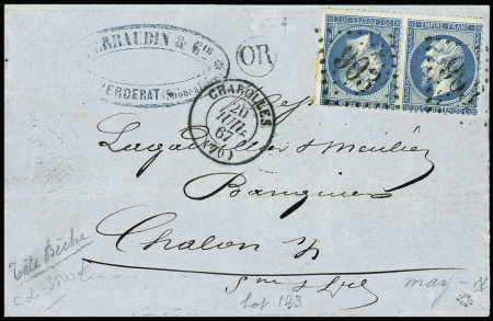 N°22b 20c bleu, paire tête-bêche, obl GC 903 + T15 Charolles (70) sur lettre. TB