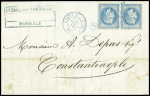 N°29 en paire obl ancre bleue + CAD rond "Ligne U PAQ. FR. N°3" (1870) sur lettre de Marseille pour Constantinople. TB