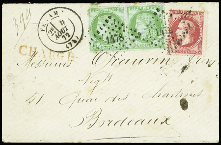 N°32 + 53 en paire obl PC du GC 1478 + T17 Fécamp (1872) sur lettre chargée. TB