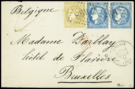 N°43 + 46B report 2 en paire obl GC 698 + T16 Calais (21 mars 71) sur lettre pour Bruxelles, Signé calves. TB