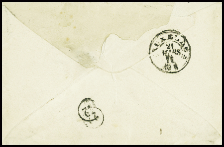 N°43 + 46B report 2 en paire obl GC 698 + T16 Calais (21 mars 71) sur lettre pour Bruxelles, Signé calves. TB