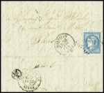 N°45 (LD) obl GC 2481 + T16 "Montjean (47)" (30 janv 71) sur lettre pour Paris avec arrivée Paris le 18 janvier 1871 lors du déblocage du courrier venant de province. TB