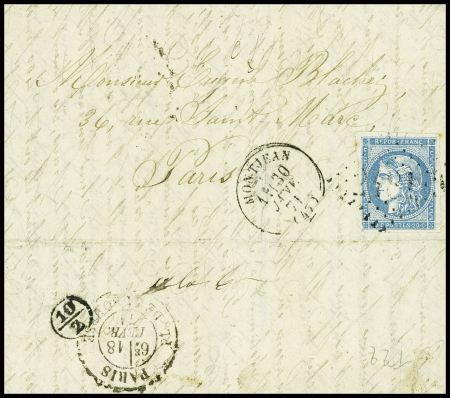 N°45 (LD) obl GC 2481 + T16 "Montjean (47)" (30 janv 71) sur lettre pour Paris avec arrivée Paris le 18 janvier 1871 lors du déblocage du courrier venant de province. TB