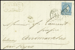 Lettre de Paris du 31 mars 1871 pour Arromanches (Calvados) transportée par passeur et postée à Rouen avec n°46 obl GC 3219 + T17 Rouen (2 avril 71). TB