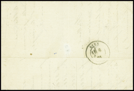 Lettre de Paris du 31 mars 1871 pour Arromanches (Calvados) transportée par passeur et postée à Rouen avec n°46 obl GC 3219 + T17 Rouen (2 avril 71). TB