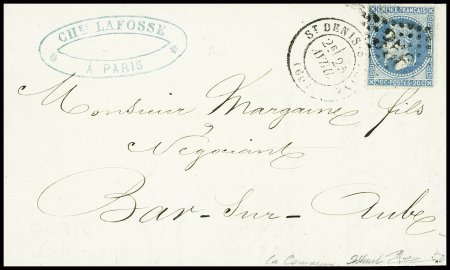 Lettre de Paris pour Bar-sur-Aube AFF n°29 obl GC 3568 + T17 St Denis-sur-Seine (25 avril 1871), signé Roumet. TB