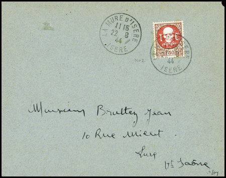 LA MURE N°1 1F50 Pétain brun-rouge avec médaillon rouge obl La Mure d'Isère Isère (22.8.44) sur lettre, certificat Cérès. TB. Cote Mayer