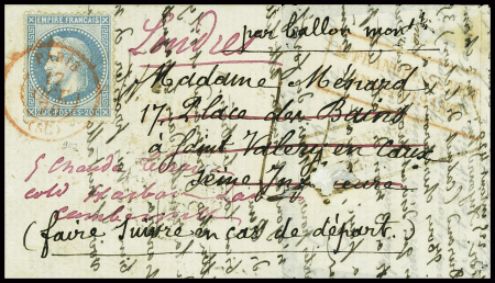 N°29 obl CAD rouge "Paris (SC)" (17 oct 70) sur ballon monté pour St Valery en Caux réexpédié à Londres avec au verso ambulant de jour Paris au havre (22 oct) et bureau de passe 3219