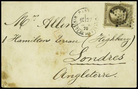 N°30 obl étoile 35 + CAD "Paris ministère des finances" (27 sept 70) sur carte pour Londres, sans arrivée (le Non dénommé n°1). Les cartes par ballon pour l'étranger sont rares. TB