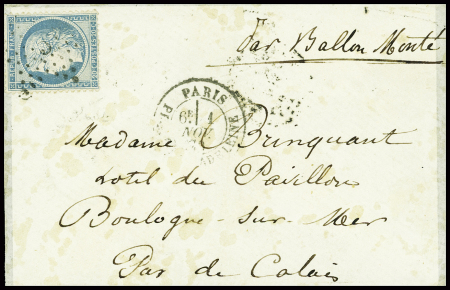 N°37 obl étoile muette + CAD "Paris PL. de la Bourse" (1 nov 70) sur ballon monté pour Boulogne sur Mer avec arrivée 5 nov 70 (Le Fulton). TB