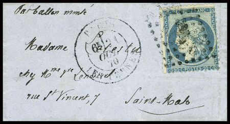 N°37 obl GC 3921 + CAD "Paris Les Ternes" (21 oct 70) sur ballon monté pour Saint Malo avec arrivée 2 nov (Le Garibaldi). TB