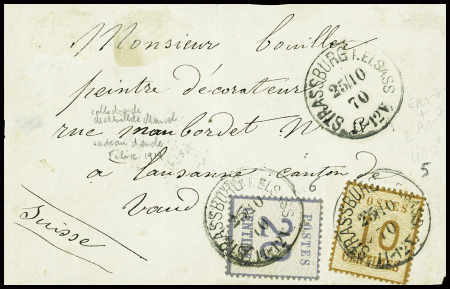 Alsace n°5 + 6 obl CAD "Strassburg Elsass" (25.10.70) sur devant de lettre pour Lausanne (Suisse). TB