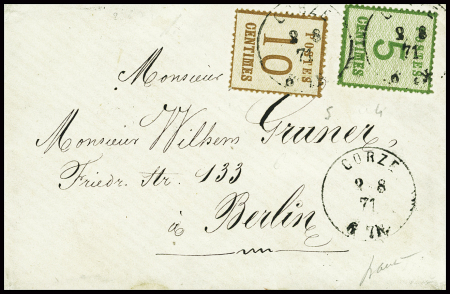 Alsace n°4 + 5 obl CAD "Gorze" (9.8.71) sur lettre pour Berlin. Signé Baudot. TB