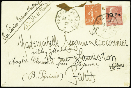 N°3 + Poste n°199 obl. CAD octo "New-York au havre D" (23.8.28) sur lettre pour Paris réexpédiée à Bayonne avec mention manuscrite "par avion Transatlantique" avec au verso transit