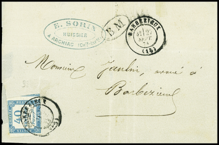 N°7 40c bleu, touché, obl. T17 Barbezieux (27 sept 74) + "BM" dans un ovale sur lettre