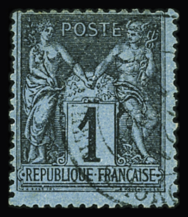 N°84 1c noir sur BLEU DE PRUSSE, oblitéré par càd léger,