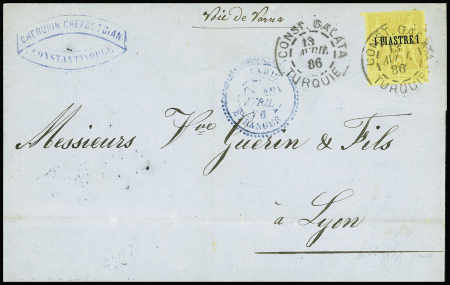 N°1 obl. cachet Daguin jumelé Const. Galata 13.04.1886