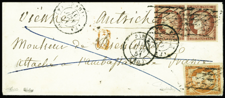 N°6 1f carmin en paire +n°5 40c orange obl. grille