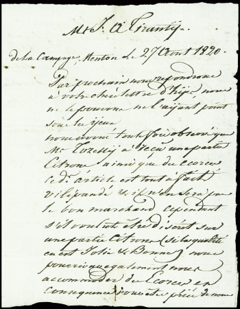 Lettre   avec MP tronquée "Menton" + mention manuscrite
