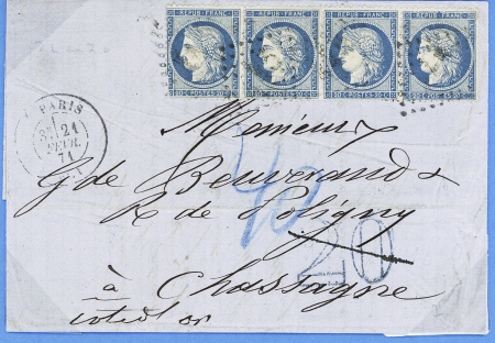 N°37, bande de 4, OBL GC 445 + CAD "Paris Bercy" (21 fev 71) sur lettre pour Chassagne (Côte d'Or) suraffranchie à 80c, avec taxe 20c double-trait en bleu et taxe 40 au crayon bleu par les postiers allemands. TB