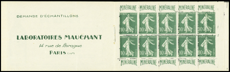 N°188-C1, carnet de 10 timbres 10c vert "Semeuse"