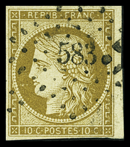 N°1 10c bistre-jaune, obl PC 583 de Calais (Pas-de-Calais),