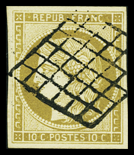 N°1 10c bistre jaune, obl. grille, TTB. Signé Calves