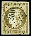 N°1 10c bistre-jaune, obl. PC 3516 de Vendresse (Ardèche),