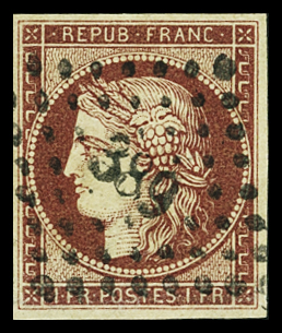 N°6 1f carmin, obl. PC 389 de Béziers (Hérault), petit