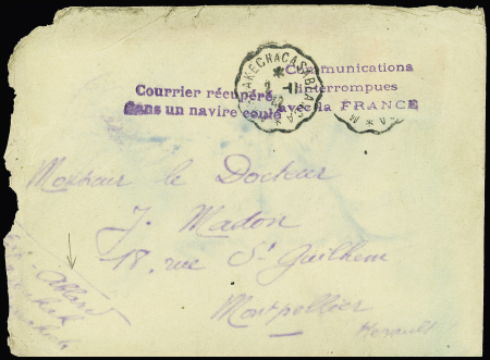 lettre de Marrakech pour Montpellier (timbre décollé par immersion) avec CAD convoyeur ligne "Marrakech à Casablanca" (2.11.1942) + griffes violettes