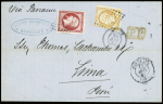 2 lettres AFF n°16 (touché) + 17A (TB) obl PC 441 (Bordeaux) et PC 1495 (bureau maritime Havre) sur 2 lettres pour Lima (Pérou). TB